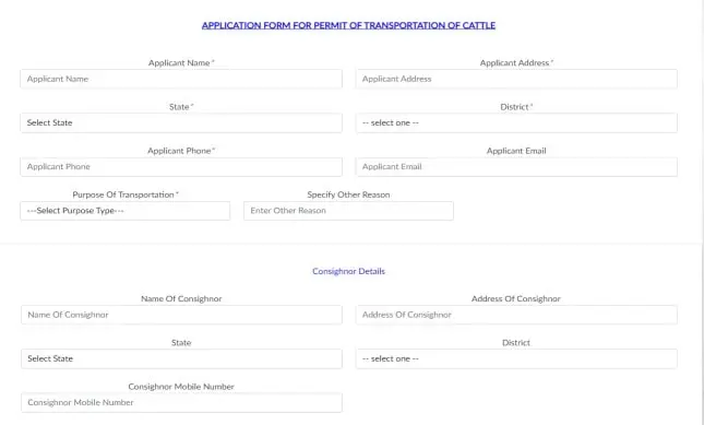 Application form for permit of transportation of cattle